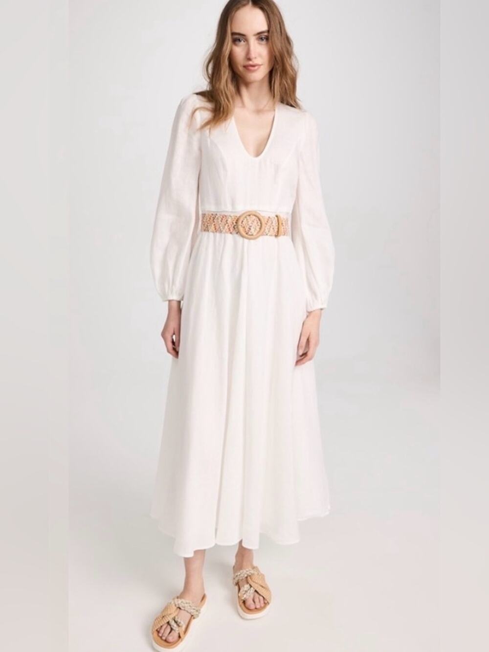Zimmermann Women's Cira Plunge Linen Long Belted Dress - White - 0 or US 4